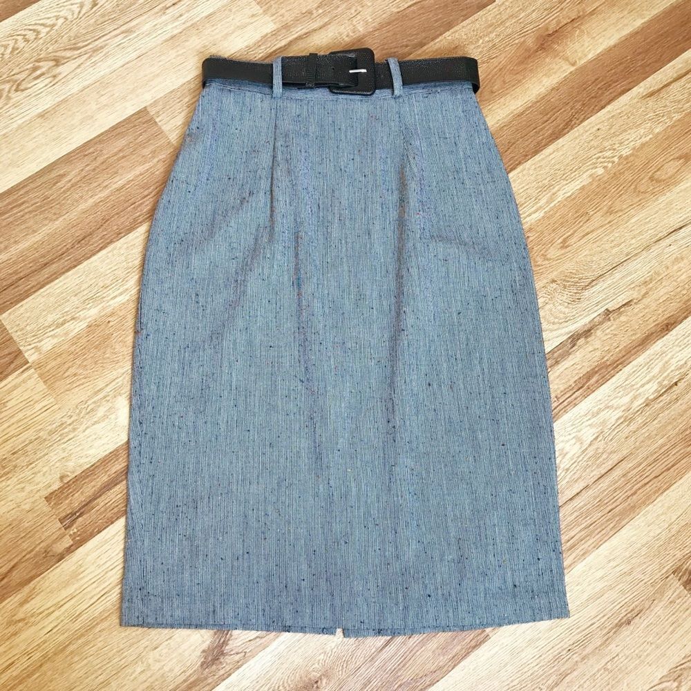 VINTAGE 50’s Gray Pinup‎ Pencil Skirt Belted Midi Knee Length Size 0 XS X-Small